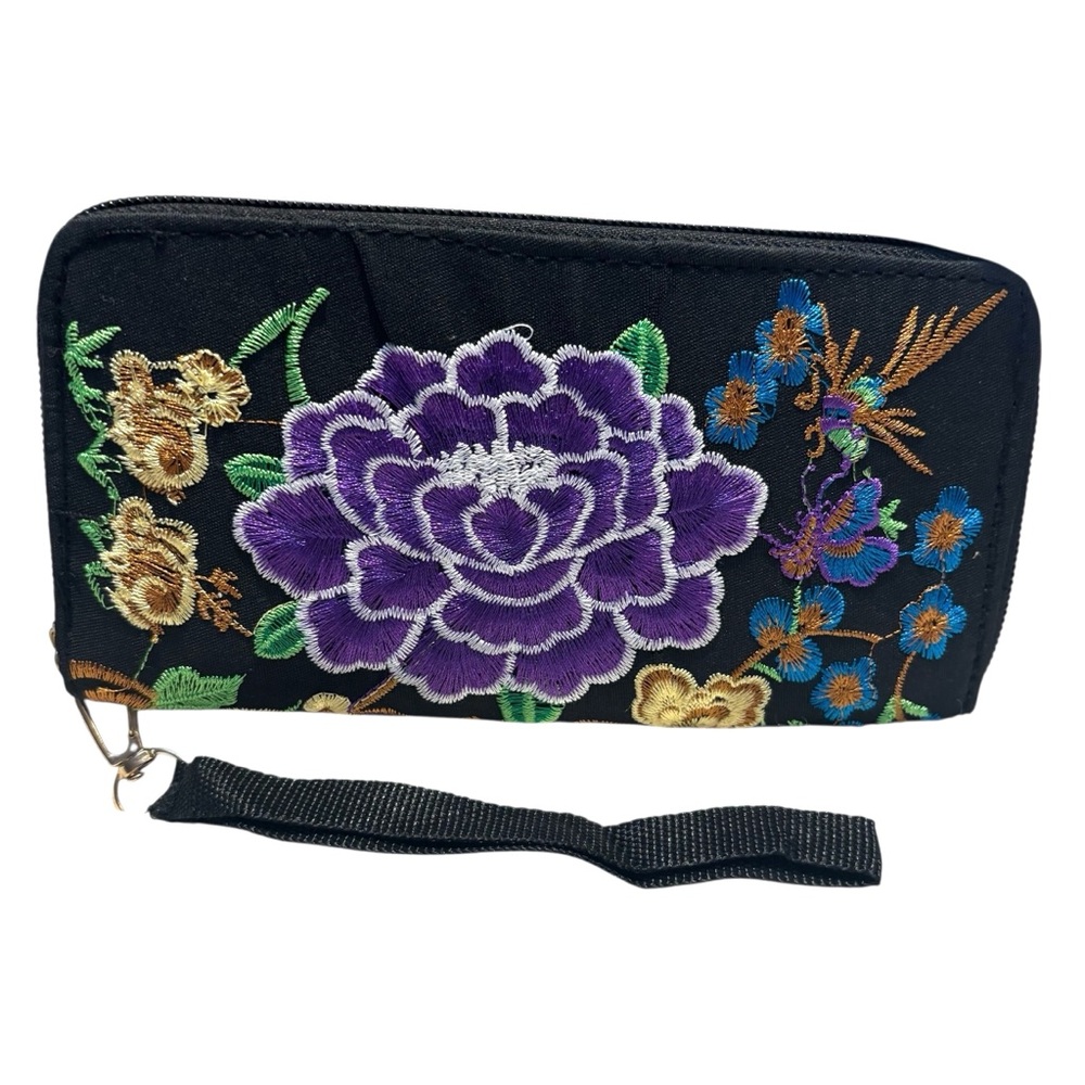 NEW Clutch Wallet Black Floral Embroidered Purple Green Blue Gold Zip-Up w/Strap